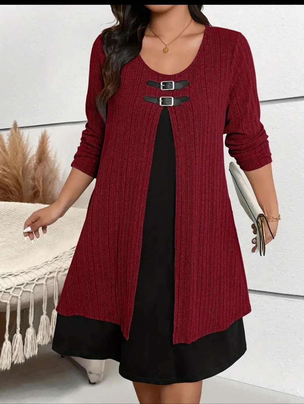 Burgundy Layered Tunic Dress with Buckle Detail